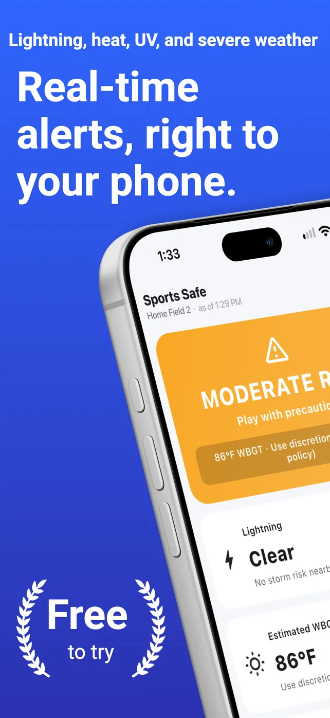 Sports Safe app promotion reading “Lightning, heat, UV, and severe weather. Real-time alerts, right to your phone.” A phone shows an orange Moderate Risk dashboard for Home Field 2 with lightning clear and an estimated WBGT of 86 degrees under the Texas Class 3 heat policy. A laurel badge reads “Free to try”.
