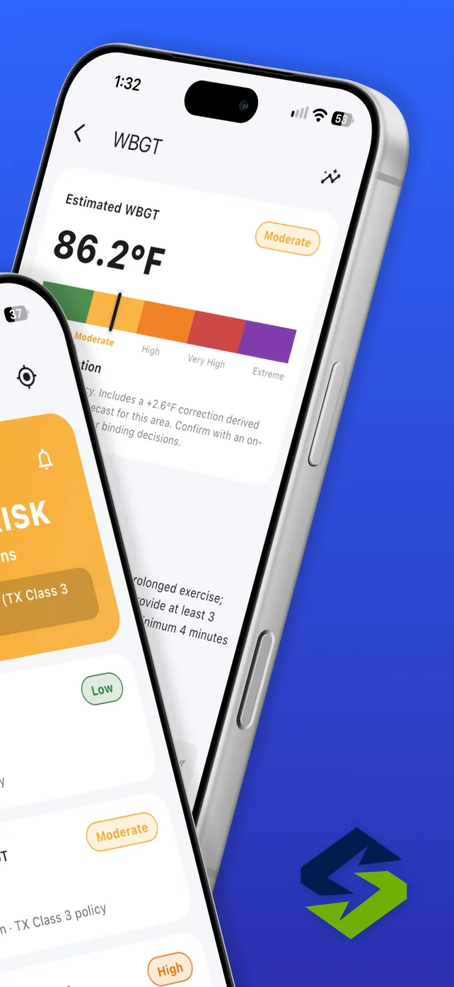 Continuation of the same promotion, showing a second phone with the estimated WBGT detail screen at 86.2 degrees on a colored risk scale, marked Moderate.