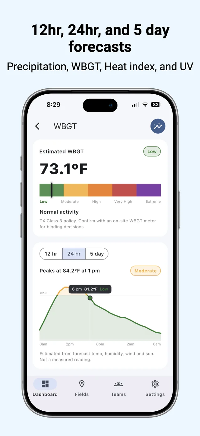 Headline “12hr, 24hr, and 5 day forecasts. Precipitation, WBGT, heat index, and UV.” A phone shows an estimated WBGT of 73.1 degrees and a 24 hour forecast chart peaking at 84.2 degrees at 1 pm.